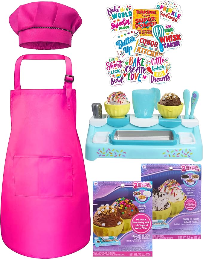 Ultimate Ice Cream Maker for Kids - Interactive Kitchen Playset for Children - Includes Freezing Tray, Bowls, Utensils, 2 Ice Cream Mixes, Apron, Hat, 9 Colorful Stickers (Heroic Hot Pink Bundle)