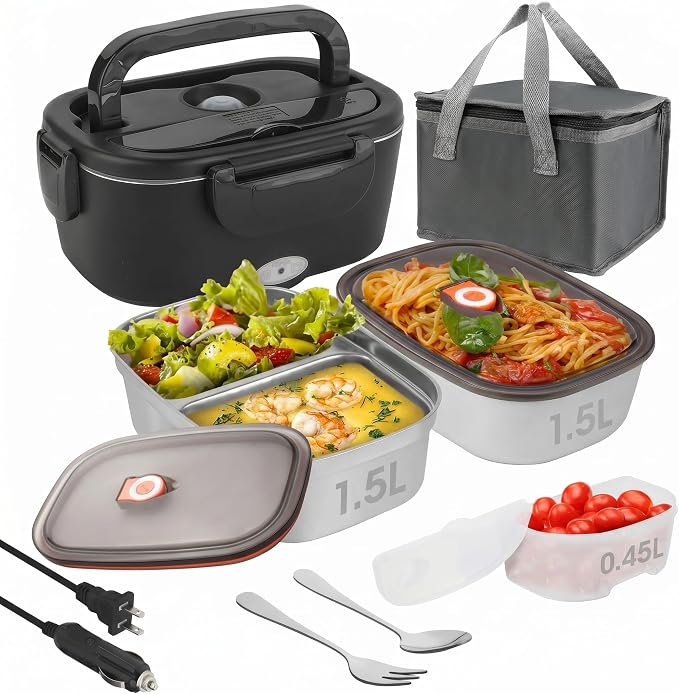 SOHIDA Electric Lunch Box, 80W Fast Heated Lunchbox for Adults, Dual 1.5L 304 Stainless Steel Portable Food Warmer for Car/Truck/Work, 12/24/110V Lonchera Eléctrica Portátil