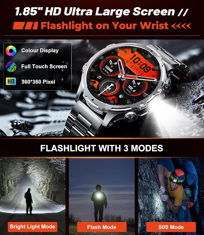 Military Smart Watch for Men Answer/Make Call, 1.85'' HD Rugged Smartwatch with 800mAh Battery/Flashlight/Heart Rate/110+ Sports Mode, IP68 Waterproof Fitness Tracker Watch for Android iPhone,Silver