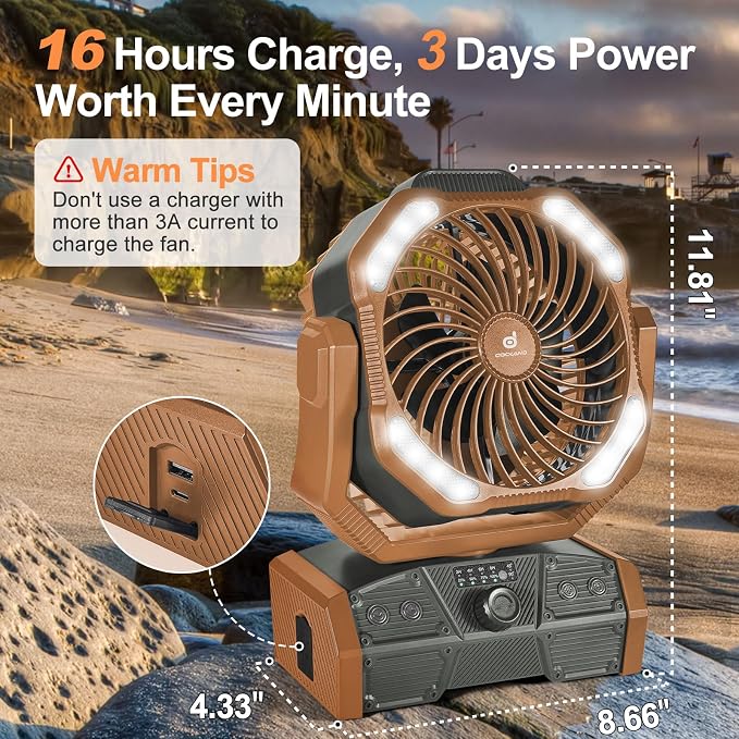 Odoland 40000mAh Camping Fan with LED Light, Battery Operated Oscillating Desk Fan with Remote & Hook, Rechargeable Outdoor Tent Fan with Timer for Hurricane Power Outage Travel Jobsite RV, Khaki