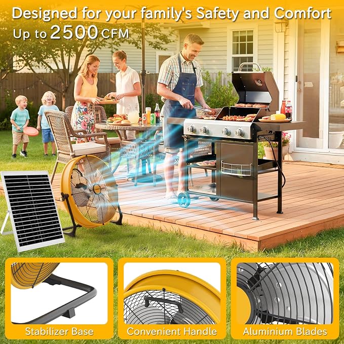 T-SUNUS 16" Solar Powered Fan with 25W Panel & 15600mAh Battery Operated Camping Floor Fan 2500 CFM, Quiet High Velocity Outdoor for RV, Garage, Greenhouse, Patio, Tent, Emergency Power Outage Cooling