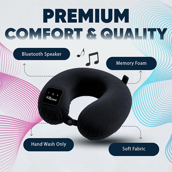Bluetooth Music U Shaped Neck Pillow Wireless Bluetooth Speaker Memory Foam Suitable Airplane,Bus,Train,Car,Office,and Outdoor Camping The Best Travel Essentials. (Black)