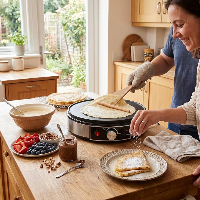 AUNMAS 11.8 Inch Crepe Pan with LED Indicator, Temperature Adjustable Nonstick Aluminum Electric Griddle & Crepe Maker with Spatula and Batter Spreader for Home Commercial Use (US Plug 110V)