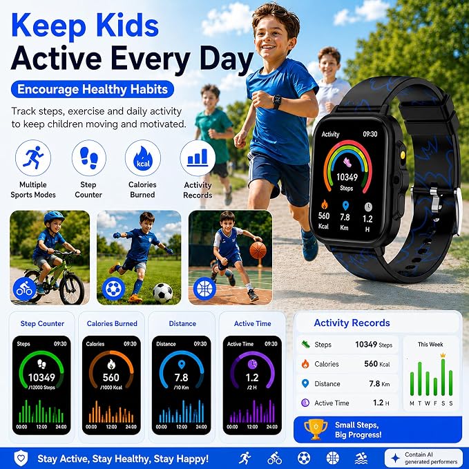 Smart Watch for Kids Boys Age 5-12, Ai Functions Games HD Touch Screen Watches with Video Camera Music Player Pedometer Heart Rate Sleep Tracker Christmas Birthday Gifts for Boys (Black, 1.85")