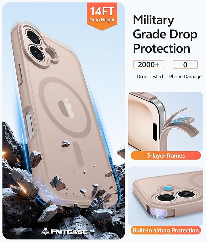 FNTCASE for iPhone 16 Plus Case: [Compatible with Magsafe] Translucent Matte Cases with [Full Camera Protection] [Screen Protector] Military Grade Shockproof Protective Phone Cover - Desert Gold
