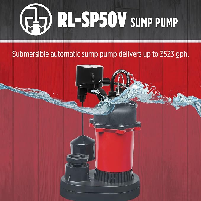 Red Lion RL-SP50V 115-Volt, 1/2 HP, 3523 GPH Aluminum and Thermoplastic Sump Pump with Vertical Switch and 8-Ft. Cord, Red, 14942743