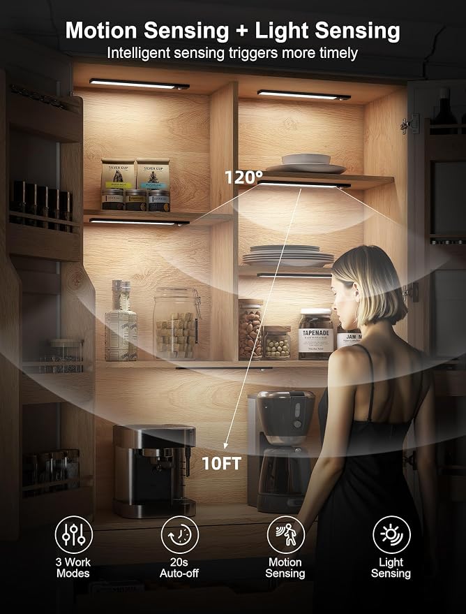 8inch Rechargeable under cabinet lighting ,56 LED -3 Color& 7 Levels Motion Sensor Light Indoor,1800mah Dimmable Magnetic Cabinet Lights, Punch-Free smart Sensor Magnetic Rechargeable led Lights
