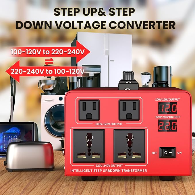 1000W Voltage Transformer Power Converter(110V to 220V, 220V to 110V) Step Up/Down Converter 110/120 Volt - 220/240 Volt w/US Power Cord, LCD Display, 2 US Outlets, 2 Universal Outlet