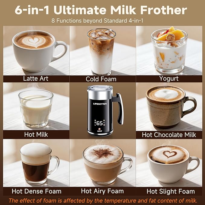 Milk Frother and Steamer 6-in-1 Electric Milk Frother 420ml/14.2oz Automatic Hot and Cold Foam Maker with Temp Contro Milk Warmer for Latte Cappuccino Macchiato Hot Chocolate Yogurt