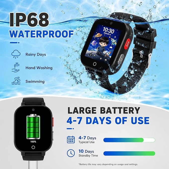 4G Kids Smart Watch with GPS Tracker, Video & Voice Call, SOS, WiFi, IP68 Waterproof, AI Smart Features, Parental Control Phone Watch for Boys Girls Age 4-12(SIM Card Included)