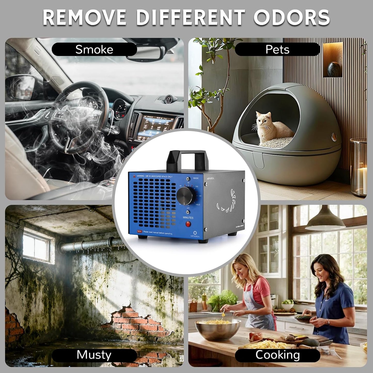 Airthereal MA5K Ozone Generator for Home, Ozone Air Ionizer Odor Eliminator with 120-Min Timer, Lightweight Design, Odor Removal for Car, Smoke, Pets, Basements, Covers Up to 2,000 Sq. Ft., Black