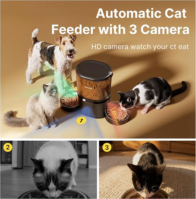 Automatic Cat Feeder for 2 Cats with 3 Camera: 5G WiFi Auto Pet Feeder Dual Stainless Steel Bowls, 1080P HD Night Vision Remote App Control Timed Dispenser 1-10 Meals for Multi-Cat Households