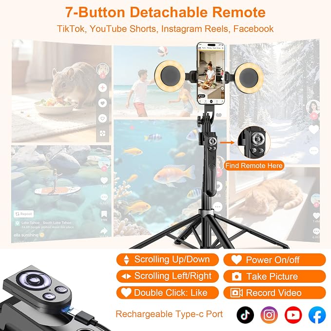 71" Auto Face Tracking Tripod with Ring Light, 360° Rotation Phone Tripod with Remote & No App Required, Extendable Selfie Stick Tripod for iPhone/Camera, Live Streaming Equipment for TikTok/YouTube