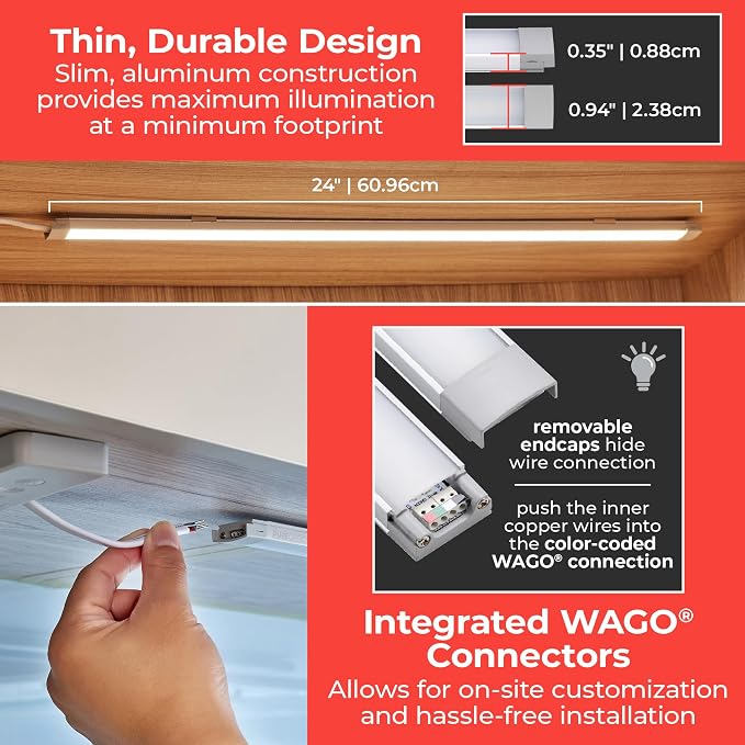 PureOptics LED Professional Push Wire® Under Cabinet Light Bar, Add-on, Plug-in or Hardwire Compatible, Adjustable White and RGB LED, for Utility Light, Closets, Garage, Pantry, (1) 24" Bar