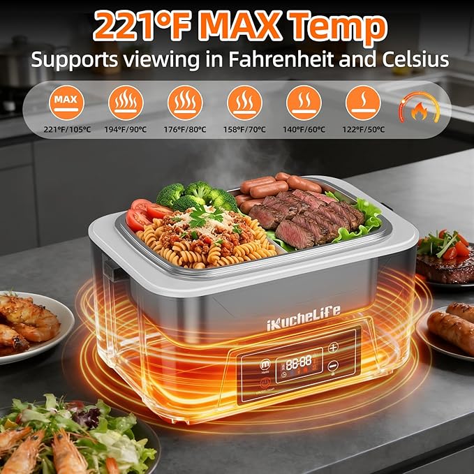 Heated Lunch Box, 24000mAh Cordless Electric Lunch Box with Scheduled Heating, 1.2L Rechargeable Portable Food Warmer with Digital Display for Work, Travel, Office, Camping,Black