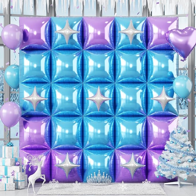 Electric Balloon Pump and 32PCS Blue and Purple Square Foil Balloon with Star Foil Balloon, 600W Dual Nozzle Air Pump & Metallic Purple Light Blue Tunnel Arch Kit for Winter Snow Birthdays