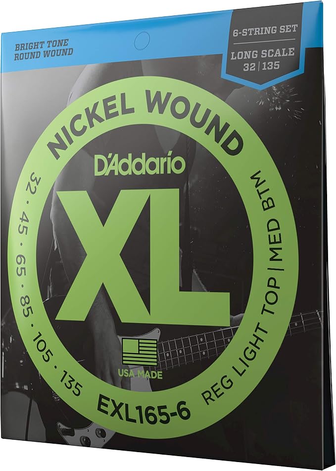 D'Addario Electric Bass Guitar Strings, XL Nickel, EXL165-6, Regular Light Top/Medium Bottom Gauge 32-135, Long Scale, 6-String Set, Pack of 1