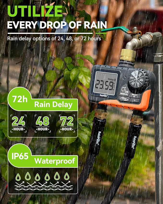 RAINPOINT 2 Zone Sprinkler Timer with Brass Inlet and Outlet - Water Timer for Garden Hose with Rain Delay/Manual Watering/Automatic Irrigation Controller for Yard(Orange)