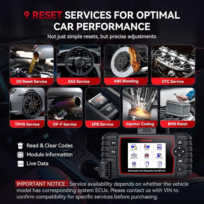 iCarsoft MB V2.0 OBD2 Scanner for Most Mercedes Benz from 1996-2023 Full System Diagnostic Scan Tool 9 Reset AutoVIN Oil/BMS/SAS/EPB/ETC/BLD/INJ/SAS Etc. Free Update Car Code Reader with Battery Test