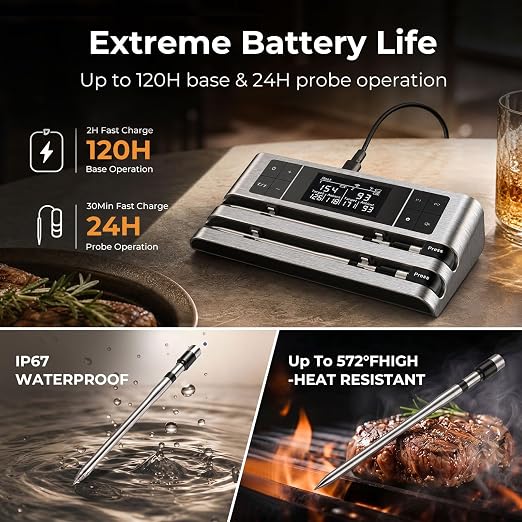 Wireless Smart Meat Thermometer, Dual-Sensor Probe, 500FT Remote, Dedicated App, Real-Time Temp for Oven/Grill - Rechargeable, Precise for Steak