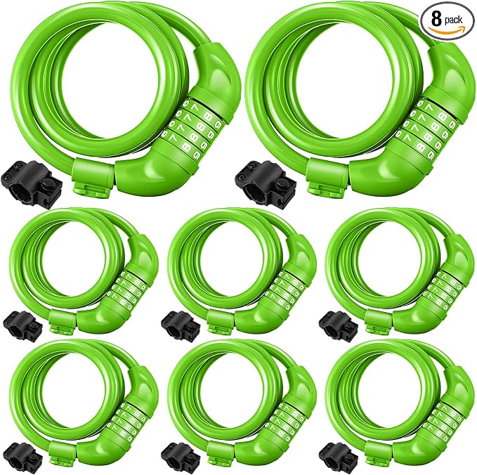 Hotop 8 Pcs Bike Locks Bulk High Security 4 Digit Heavy Duty Bicycle Cable Locks with Mounting Bracket 4 Ft Resettable Coiling Bike Lock with Combination, 1/2 Inch Diameter(Green)