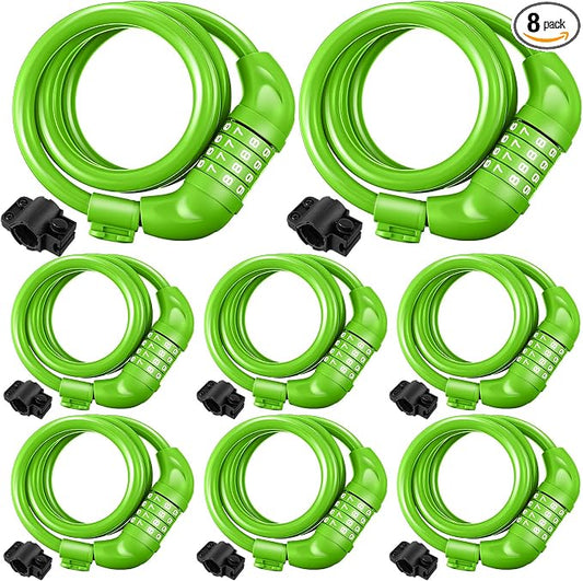 Hotop 8 Pcs Bike Locks Bulk High Security 4 Digit Heavy Duty Bicycle Cable Locks with Mounting Bracket 4 Ft Resettable Coiling Bike Lock with Combination, 1/2 Inch Diameter(Green)