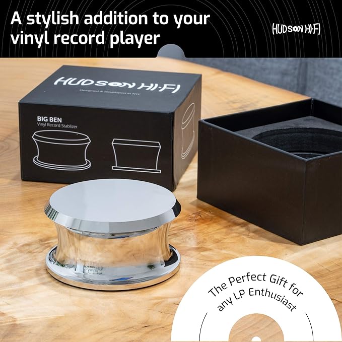 Hudson Hi-Fi BigBen Record Weight Stabilizer with Protective Leather Pad - 13-Ounce Vinyl Turntable Weight - Durable & Stylish LP Stabilizer - Fits on Any Turntable - Chrome