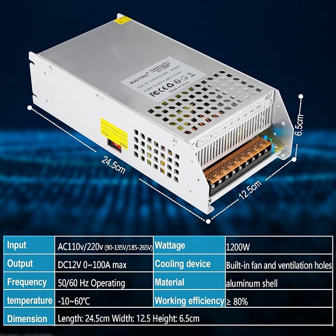DC 12V 100A 1200W Switching Power Supply Adapter PSU AC 110V / 220V-DC 12V Transformer Adapter, for LED Strip Light, CCTV Camera Security System,Computer Project of Industrial Power Supplies