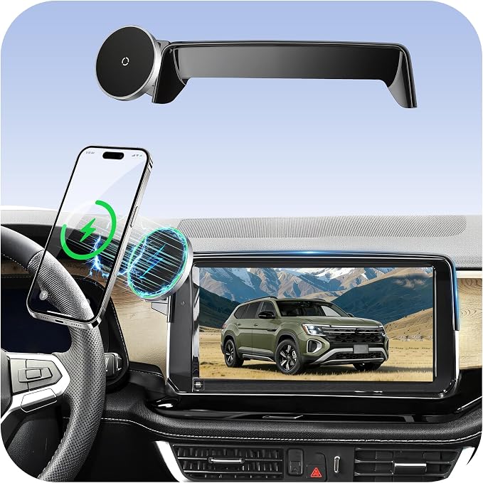 Magnetic Phone Holder for Volkswagen Atlas (2024 2025 2026, 12inch) / VW Altas Cross Sport, 15W Wireless Car Charger for iPhone & Samsung, 360 & Hands Free, with Storage Box, New Car Accessories