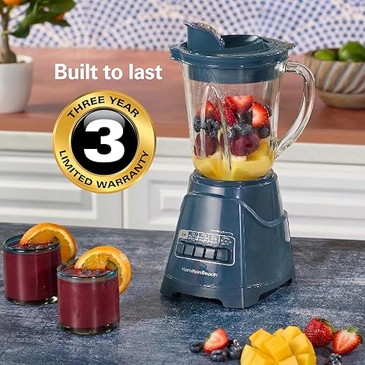 Hamilton Beach Power Elite Wave Action Blender For Smoothies, 40 Oz Glass Jar, 12 Functions Including Puree, Crush Ice, 700 Watts - Kitchen Makeover Blue (58155)