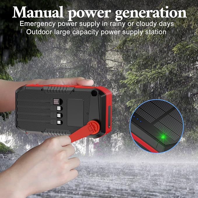 Solar Power Bank, 66800mAh, Hand Crank, 22.5W USB-C Fast Charging, 6 Outputs & 4 Inputs, SOS/Strobe/Compass, for Camping/Hiking/Trips (Red)