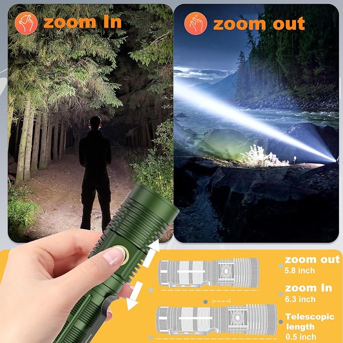 Hoxida Small Tactical Flashlights High Lumens - 1500 Meters Long Beam Super Bright LED Magnetic Flashlight USB Rechargeable Zoomable 5Modes Long Beam Spotlight Flashlight for Hiking, Camping-Green