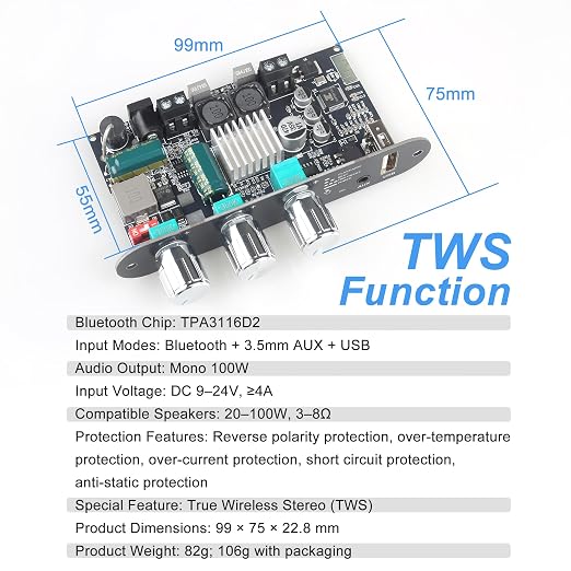 2PCS ZK-1001U Mono Amplifier Board with TWS, 100W Power Output, Vehicle Amplifier Wide Voltage Input 9-24V, Supports USB/AUX/Bluetooth