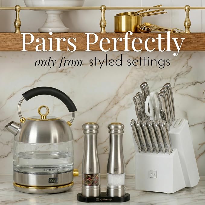 Electric Salt and Pepper Grinder Set - Styled Settings Stainless Steel Salt and Pepper Grinder Set with LED Light, Adjustable Coarseness, Battery Operated, Wood Base