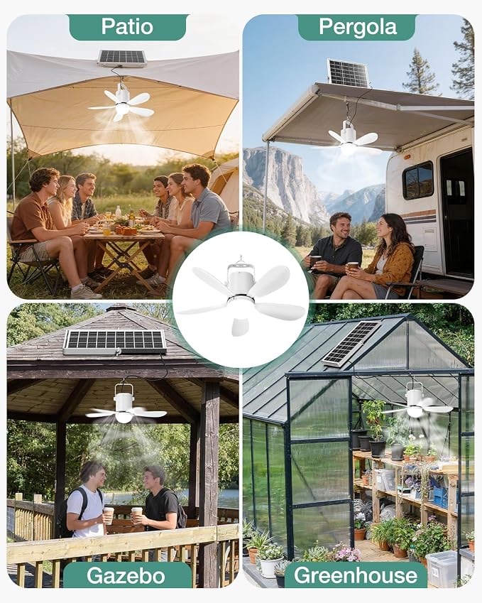 21” Solar Ceiling Fan Light, 35W Solar Powered Gazebo Fan with Remote Control, Rechargeable Battery Operated Portable Camping Fan Outside, for Tent Patio Greenhouse Porch Canopy Pergola