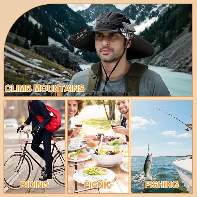 Solar Fan Hat for Men - Wide Brim Cooling Hat with 2 Built-in Solar & USB Rechargeable Fans for Fishing Hiking
