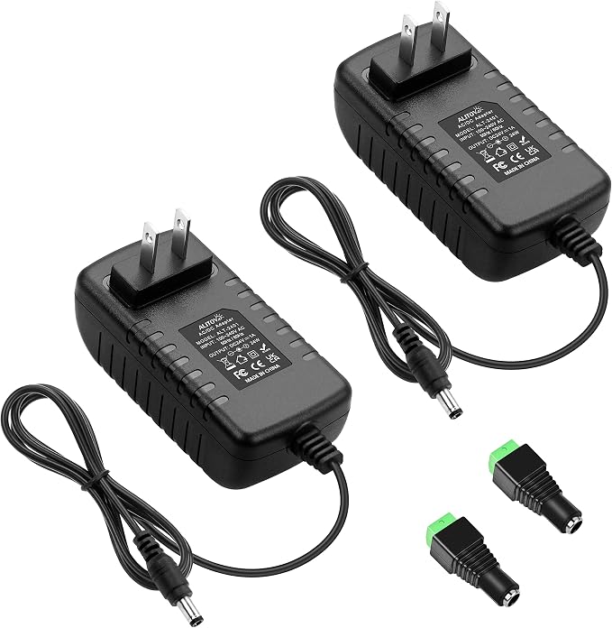ALITOVE 24V 1A Power Supply Adapter 4.92Ft Cord 100~240V AC to DC 24 Volt 24W 1000mA 800mA 650mA 500mA Transformer Converter 5.5mm x 2.5mm 2.1mm Tip for CCTV Camera DC Motor Water Pump (2 Pack)