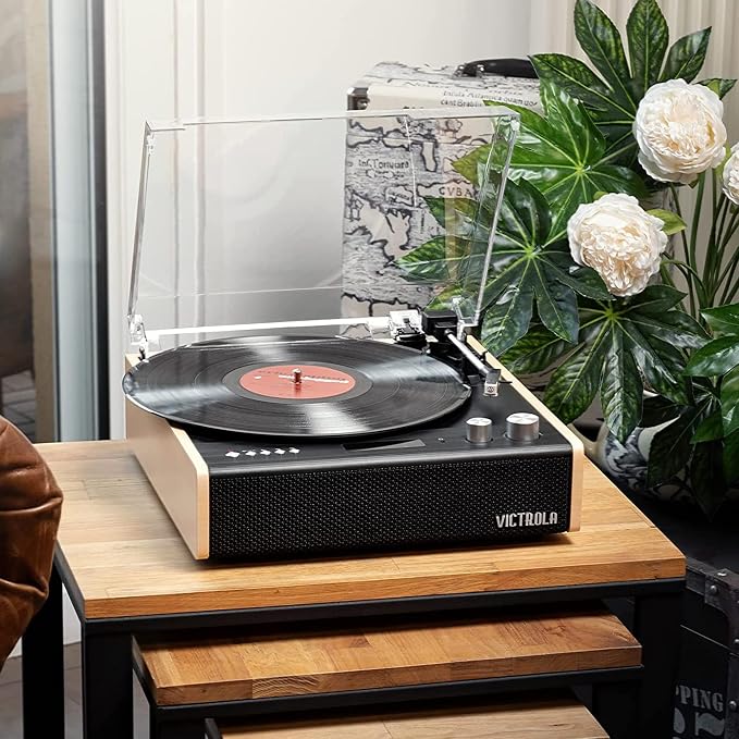 Victrola Eastwood – Bluetooth Record Player – 3-Speed Turntable, Premium MM Cartridge, Vinyl Stream for Wireless Streaming, Removable Dust Cover, Built-in Speakers (Bamboo)