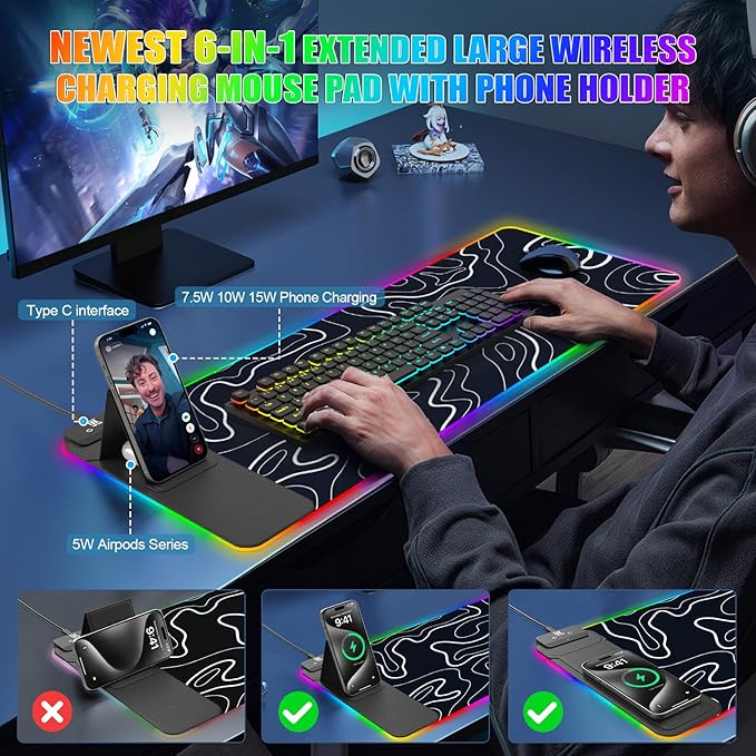 RGB Mouse Pad with Foldable Phone Stand & Wireless Charger, 31.5"x11.8" XL Gaming Mousepad Large Desk Mat, Desk Pad with Dual Charging for Phone & AirPods | 11 Colors & 5 Modes | Waterproof