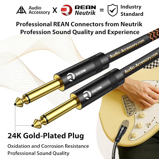 AA AUDIO ACCESSORY Pro Series Guitar Cable 25 ft, Gold-Plated Neutrik REAN Connector, 18 AWG 99.99% OFC, Low Capacitance Straight to Straight 1/4 Inch Instrument Cable for Fender Ernie Ball Mogami