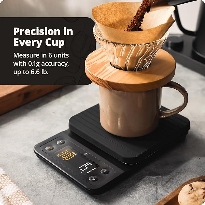 Greater Goods Coffee Scale with Timer, 0.1g Precision Digital Espresso & Pour Over Scale for Chemex, V60, Drip & Matcha Weighing, Waterproof Silicone Cover, 6.6lb Barista Brew Capacity (Onyx Black)