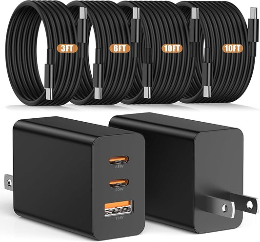 Susnwere 65W USB C Wall Charger for Samsung S26 Ultra,3 Port 100W PD Quick 3.0 Type C Charging with 3/6/10/10FT USB C Cable for Samsung Galaxy S26+/S25/S24/S23 Ultra/S22/S21/S20/Android Phones