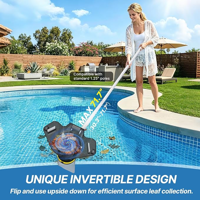 83GPM Big Rechargeable Pool Leaf Vacuum with 5-Section Pole, Cordless Pool Skimmer for Above-Ground & In-Ground Pools, Includes Standard & Fine Filter Bags for Leaves & Debris