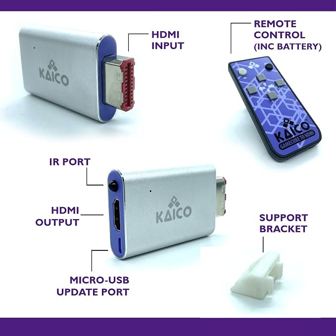 Kaico Gamecube HDMI Adapter for Nintendo Gamecube DOL-001 with GCVideo | Uses GCVideo with 2x line doubling, scanline options, pure digital output, remote control, and no external power