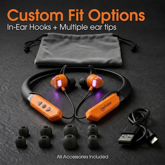 MANHATTAN Bluetooth Wireless Neckband Headphones — Work Earbud Earphones with 15H Playtime, Noise-Isolating, IPX4 Water Resistant, Built-in Mic – for Work, Music, Calls (Black/Orange)