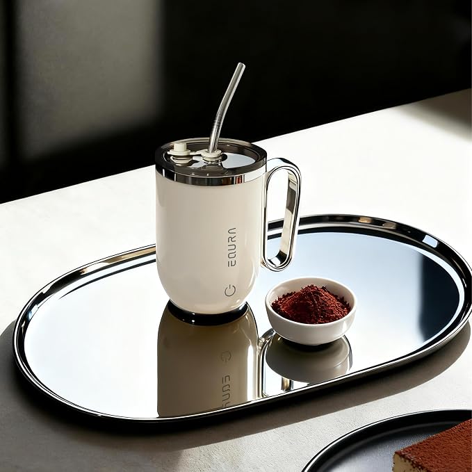 Self Stirring Mug - 4-Color Temp Display Magnetic Electric Auto Mixing Stainless Steel Cup with Straw & Lid For Office/Kitchen/Home/Coffee/Milk- 14.2oz/420ml(Beige)