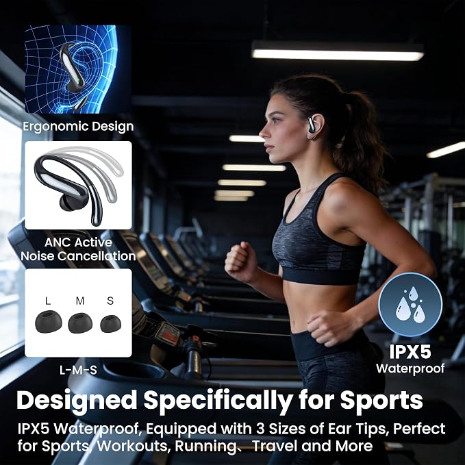 Wireless Earbuds Bluetooth 6.0 Headphone, Sport Bluetooth Earbuds Stereo Deep Bass Over Ear Bud with Earhooks,Active Noise Cancellation, Bluetooth Headphones for Gym/Running/Workout Black
