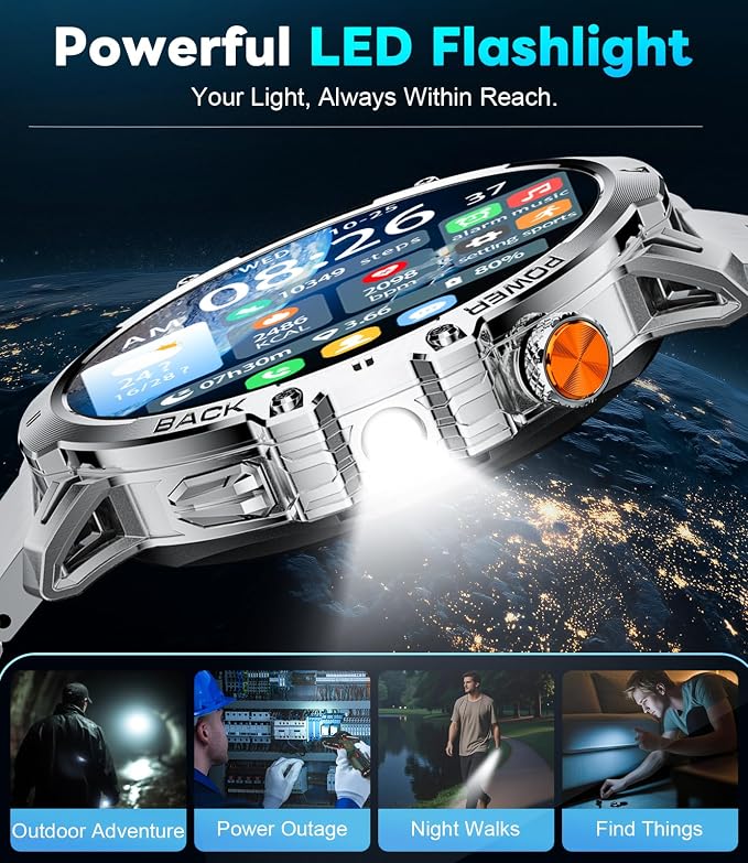 LIGE Military Smart Watches for Men(2 Bands),1000mAh/1.85" HD Large Screen Smartwatch, Flashlight/110+ Sports Modes/IP68 Waterproof/Sleep Monitor, Fitness Tracker Watch for iOS Android,Silver
