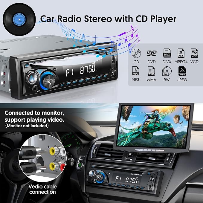 Car Radio Bluetooth with CD DVD Player, Wistrue Single Din FM/AM Car Stereo with CD Player, Support 2 USB/SD/AUX/7 Colors/Fits 9-24V Vehicles