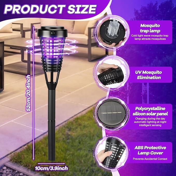 4 Pcs Solar Bug Zapper Outdoor, Torch Zapper Lights Waterproof Mosquito Killer Lamp with Auto On/Off Lighting,Purple Bug Light and White Ambient Light for Garden Patio Yard Balcony(Black)